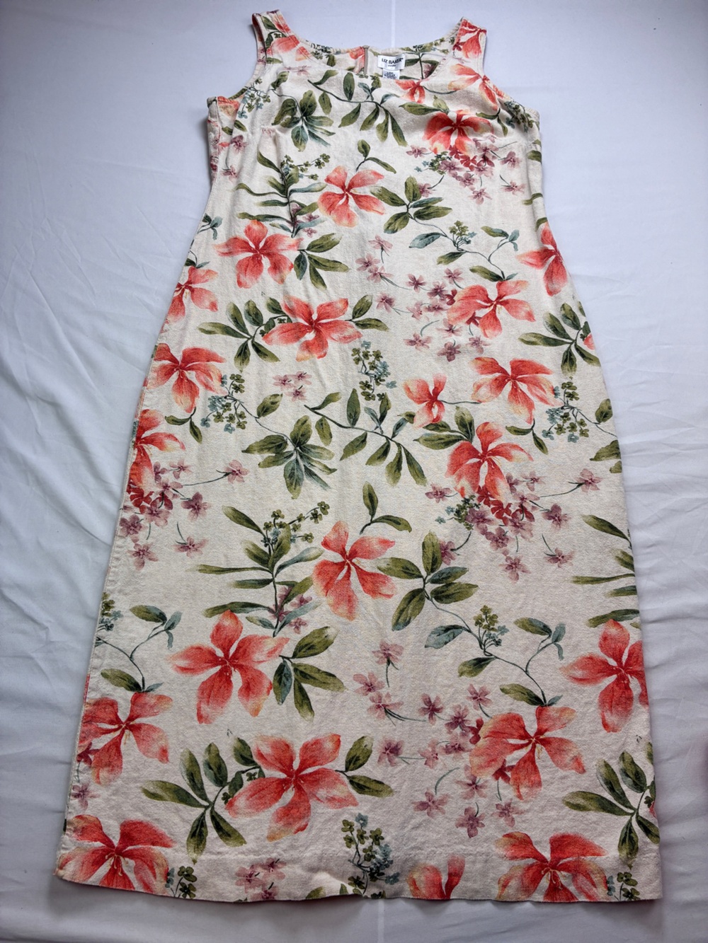 Liz Baker Petite Linen Blend Dress in Khaki with Coral/Peach Floral Design.